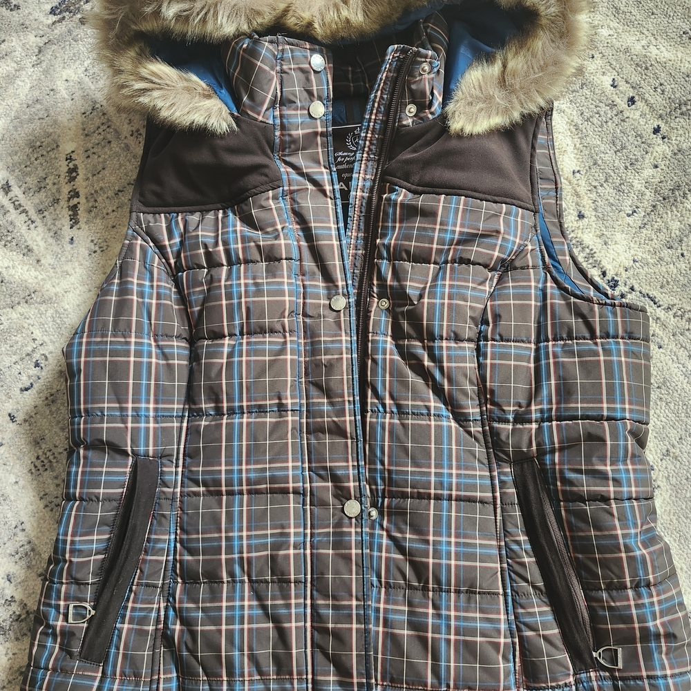 Ariat Brown Plaid Hooded Vest with Faux Fur Trim
